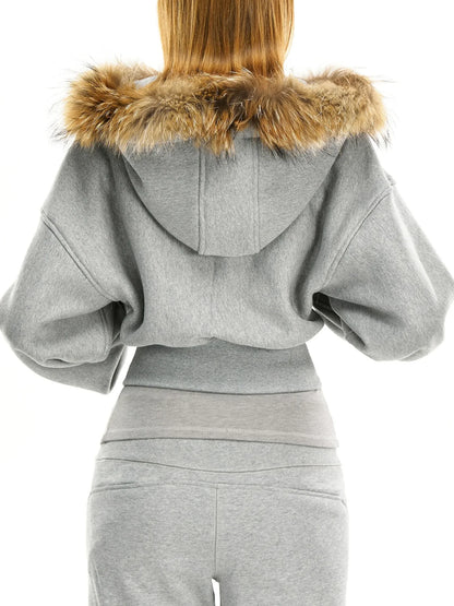 kvkv Grey Short Zip Hoodie With Raccoon Fur Trim