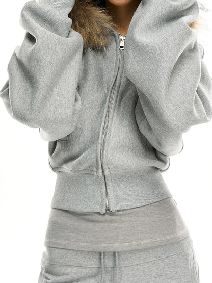 kvkv Grey Short Zip Hoodie With Raccoon Fur Trim