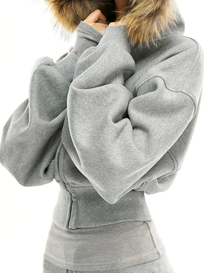 kvkv Grey Short Zip Hoodie With Raccoon Fur Trim