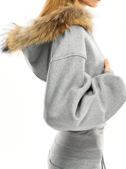 kvkv Grey Short Zip Hoodie With Raccoon Fur Trim