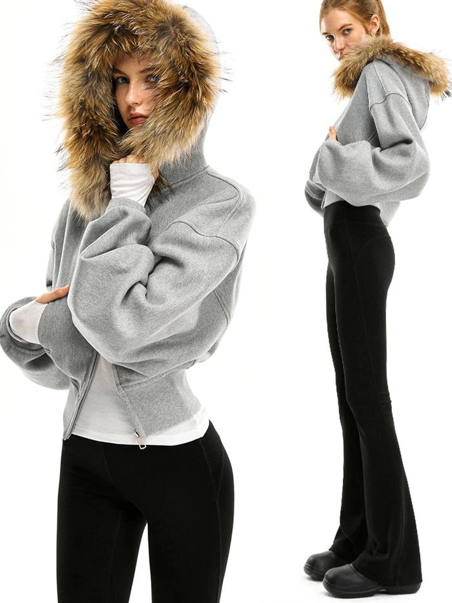 kvkv Grey Short Zip Hoodie With Raccoon Fur Trim