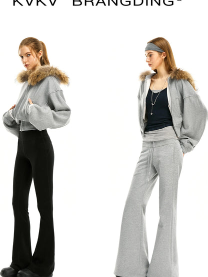 kvkv Grey Short Zip Hoodie With Raccoon Fur Trim