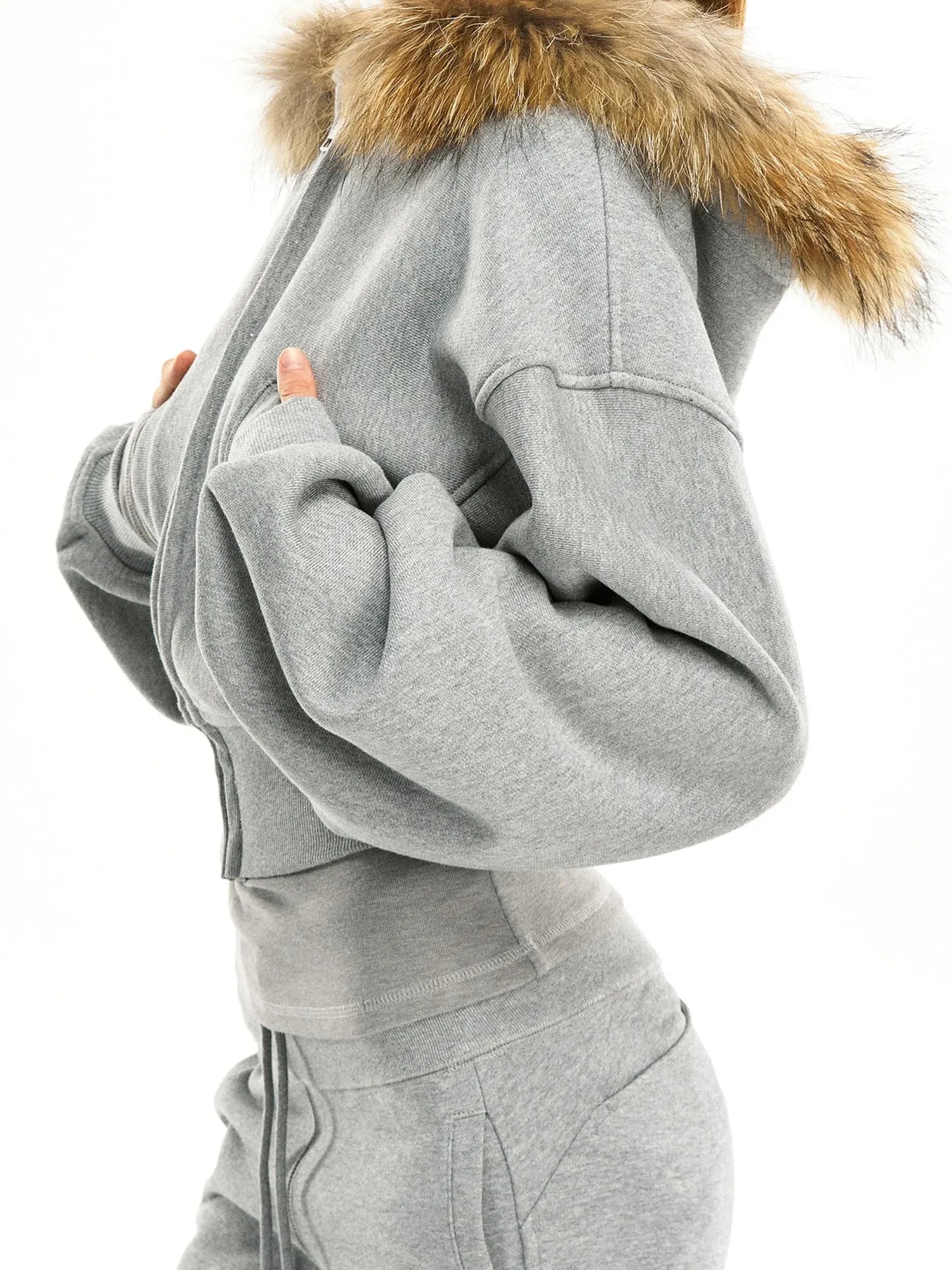 kvkv Grey Short Zip Hoodie With Raccoon Fur Trim
