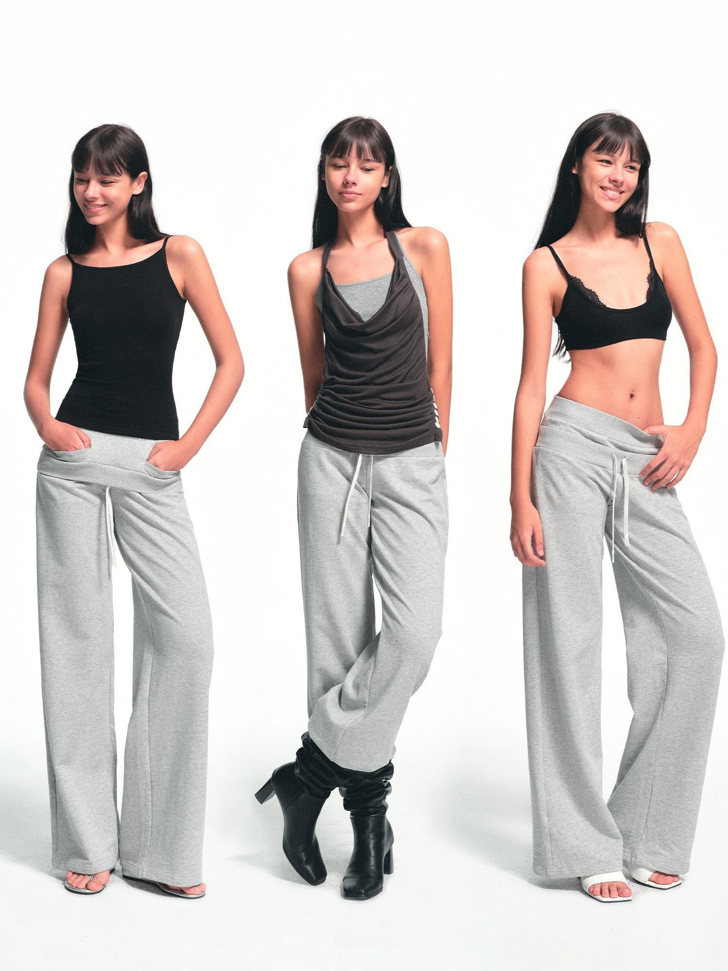 kvkv Heather Gray Double Waistband Drawstring Pocket Wide Leg Women&