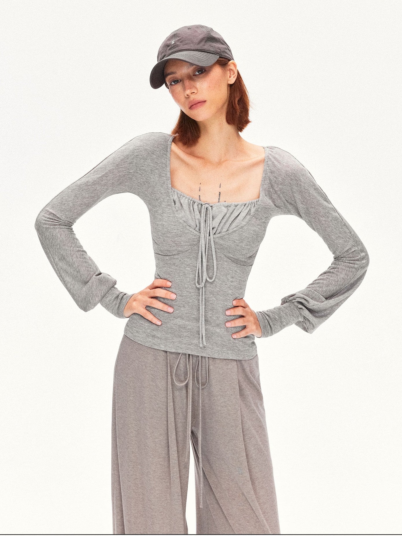 kvkv Heather Gray Pleated Adjustable Strap Square Neck Women&