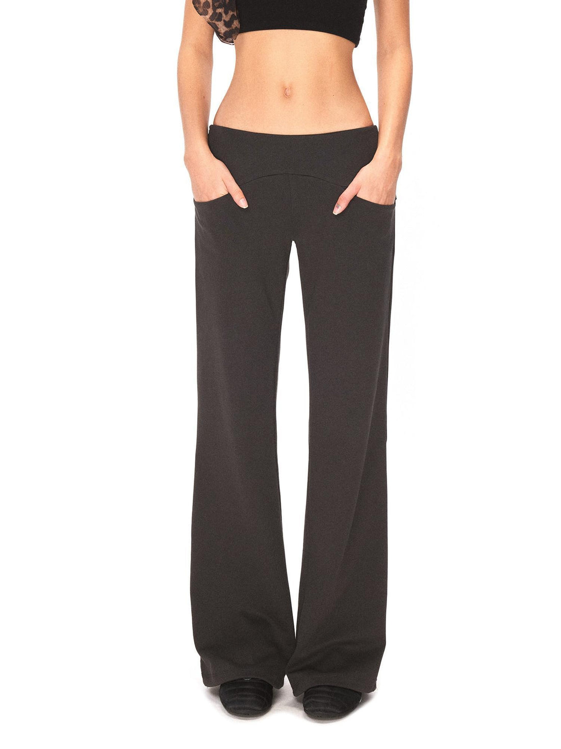 kvkv High Waist Cotton Blend Sporty Flare With Pockets Women Dark Gray Pants