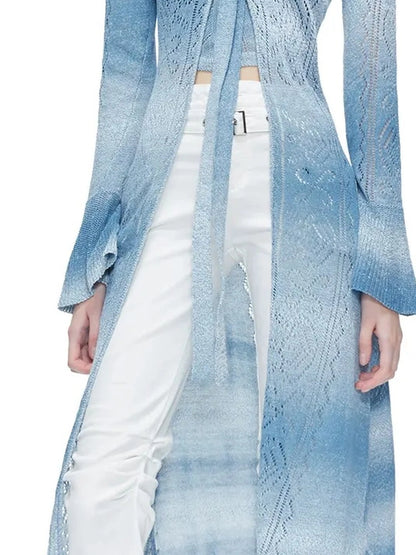 kvkv Hollow Shell Stitch Wave Gradient Knit Set V-neck T-shirt Long Sleeve