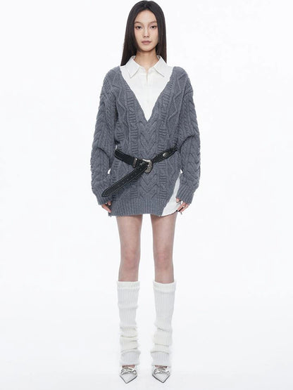 kvkv Knit And Shirt Plaid Contrast Layered Top