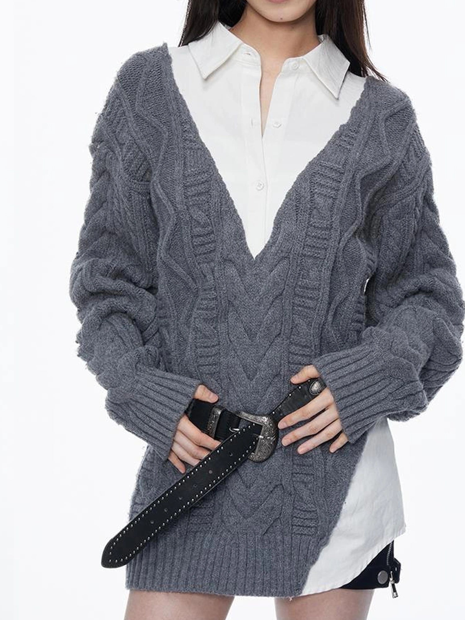 kvkv Knit And Shirt Plaid Contrast Layered Top