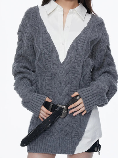 kvkv Knit And Shirt Plaid Contrast Layered Top