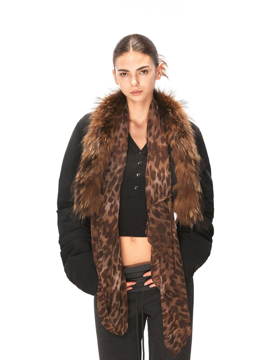 kvkv Leopard Print Cropped Oversized Lapel Zip Women Nylon Puffer Jacket