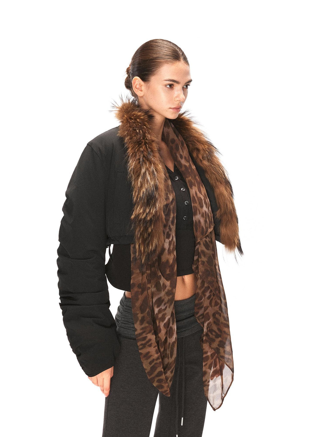 kvkv Leopard Print Cropped Oversized Lapel Zip Women Nylon Puffer Jacket