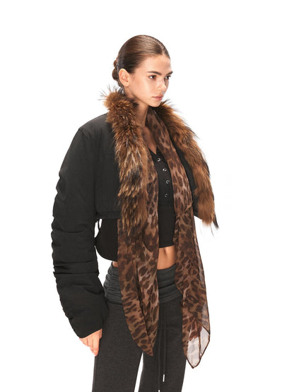 kvkv Leopard Print Cropped Oversized Lapel Zip Women Nylon Puffer Jacket
