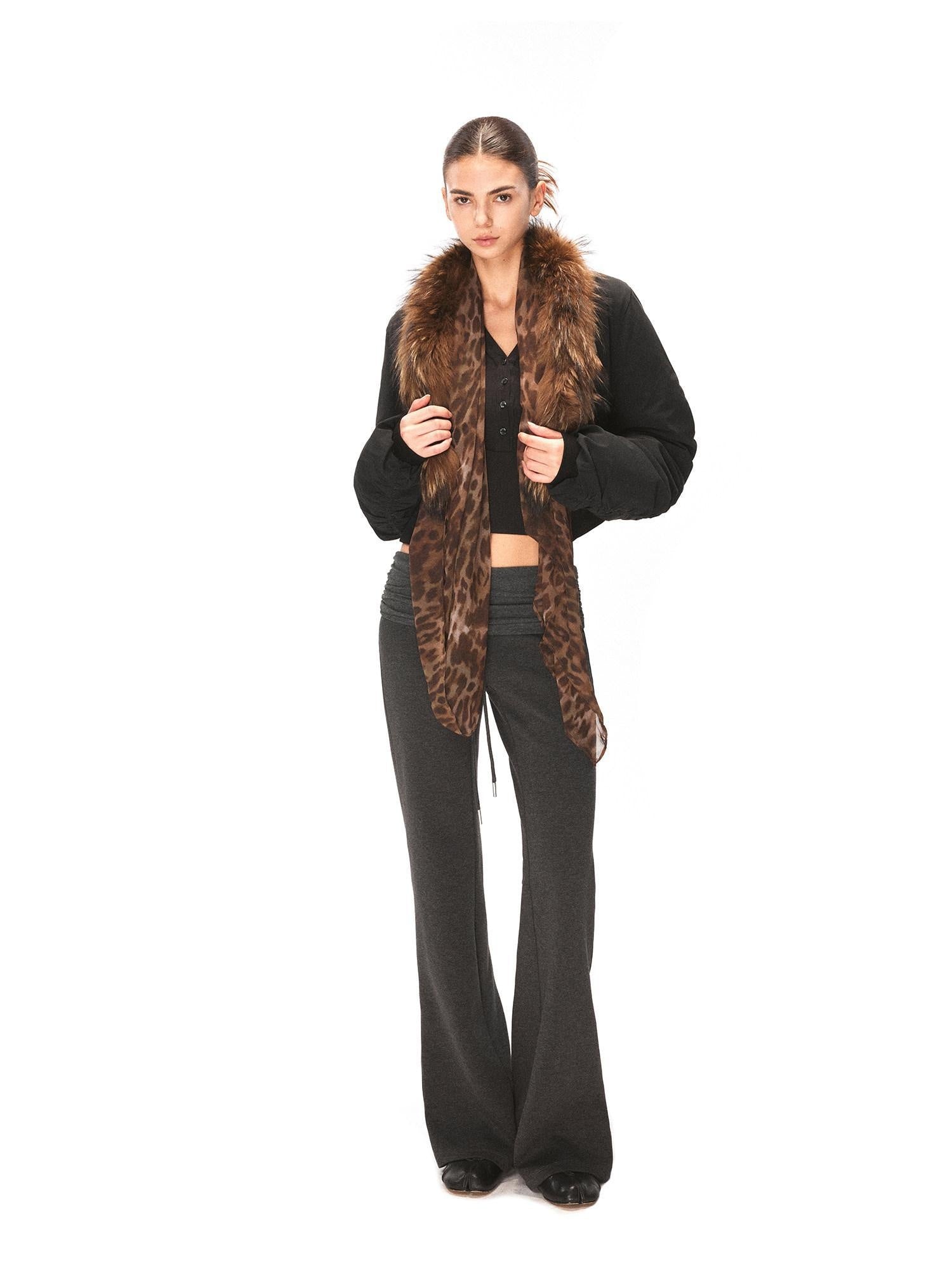 kvkv Leopard Print Cropped Oversized Lapel Zip Women Nylon Puffer Jacket
