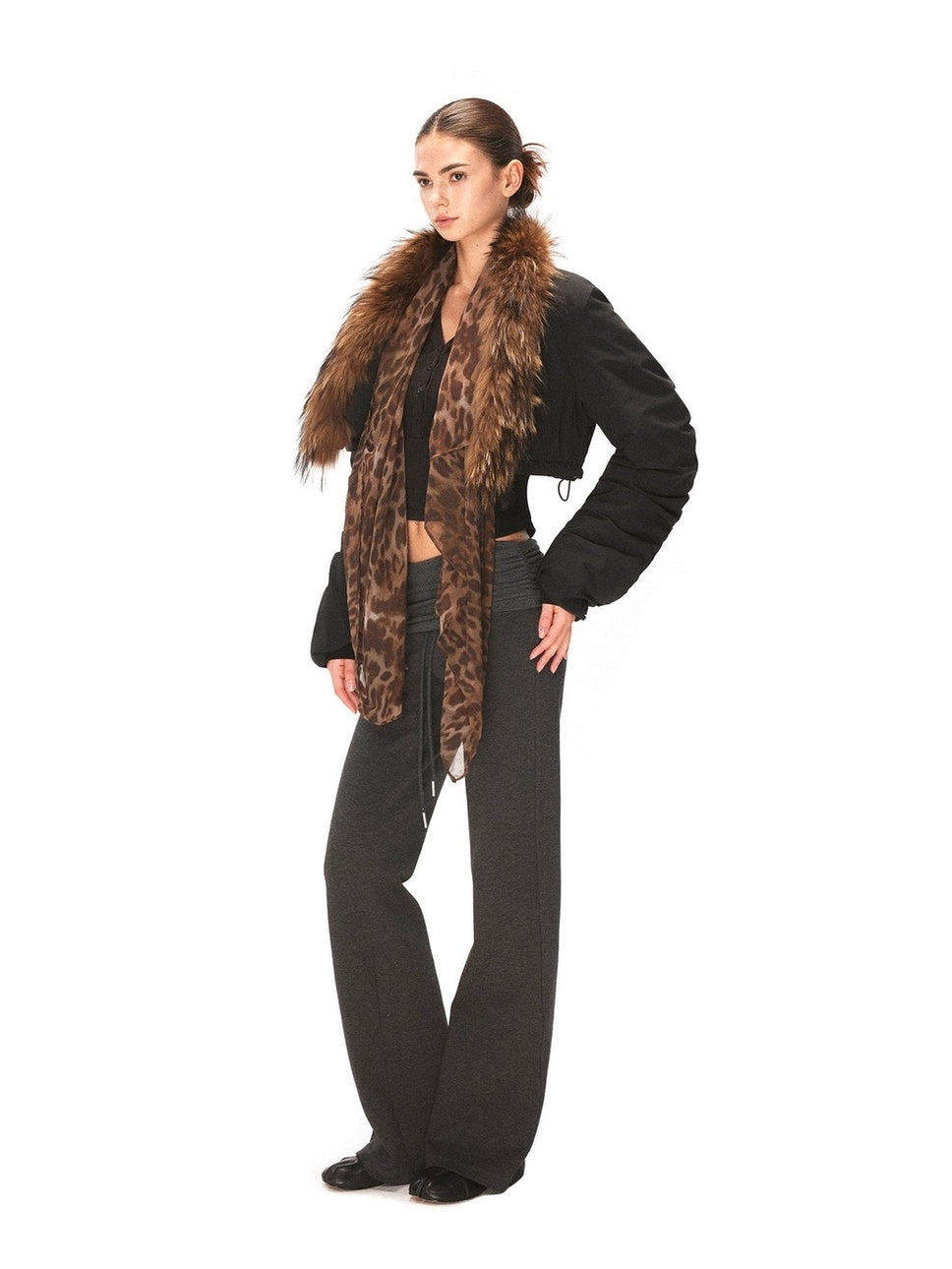 kvkv Leopard Print Cropped Oversized Lapel Zip Women Nylon Puffer Jacket