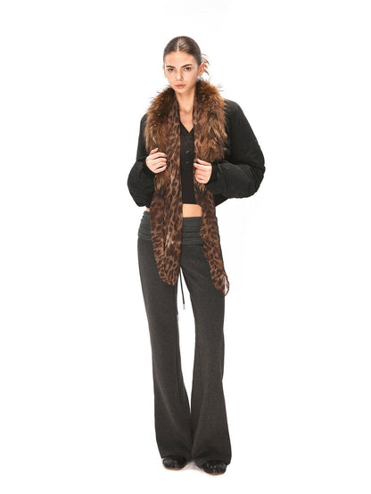 kvkv Leopard Print Cropped Oversized Lapel Zip Women Nylon Puffer Jacket