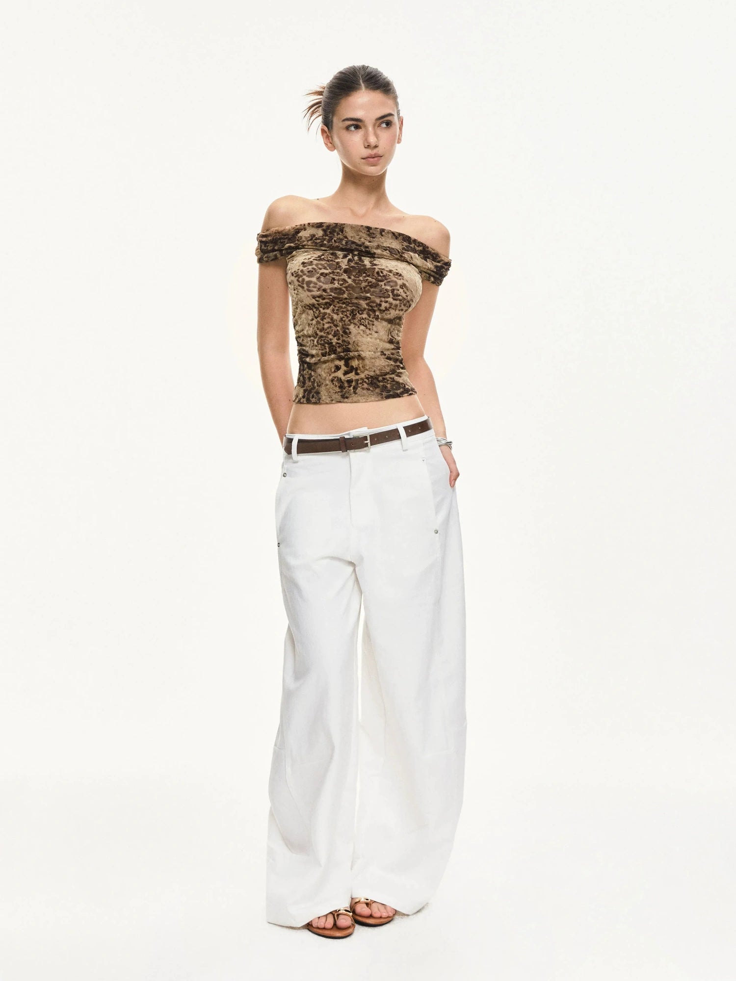 KVKV Yoga Clothing Brand - Leopard Print Off Shoulder Ruffle Top
