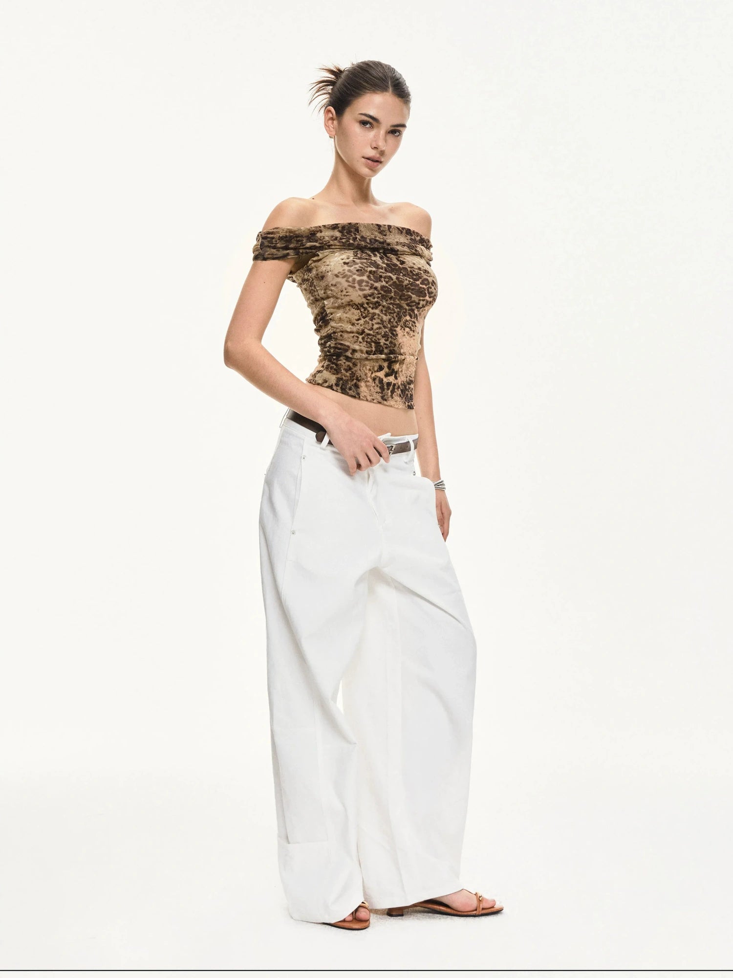 KVKV Yoga Clothing Brand - Leopard Print Off Shoulder Ruffle Top