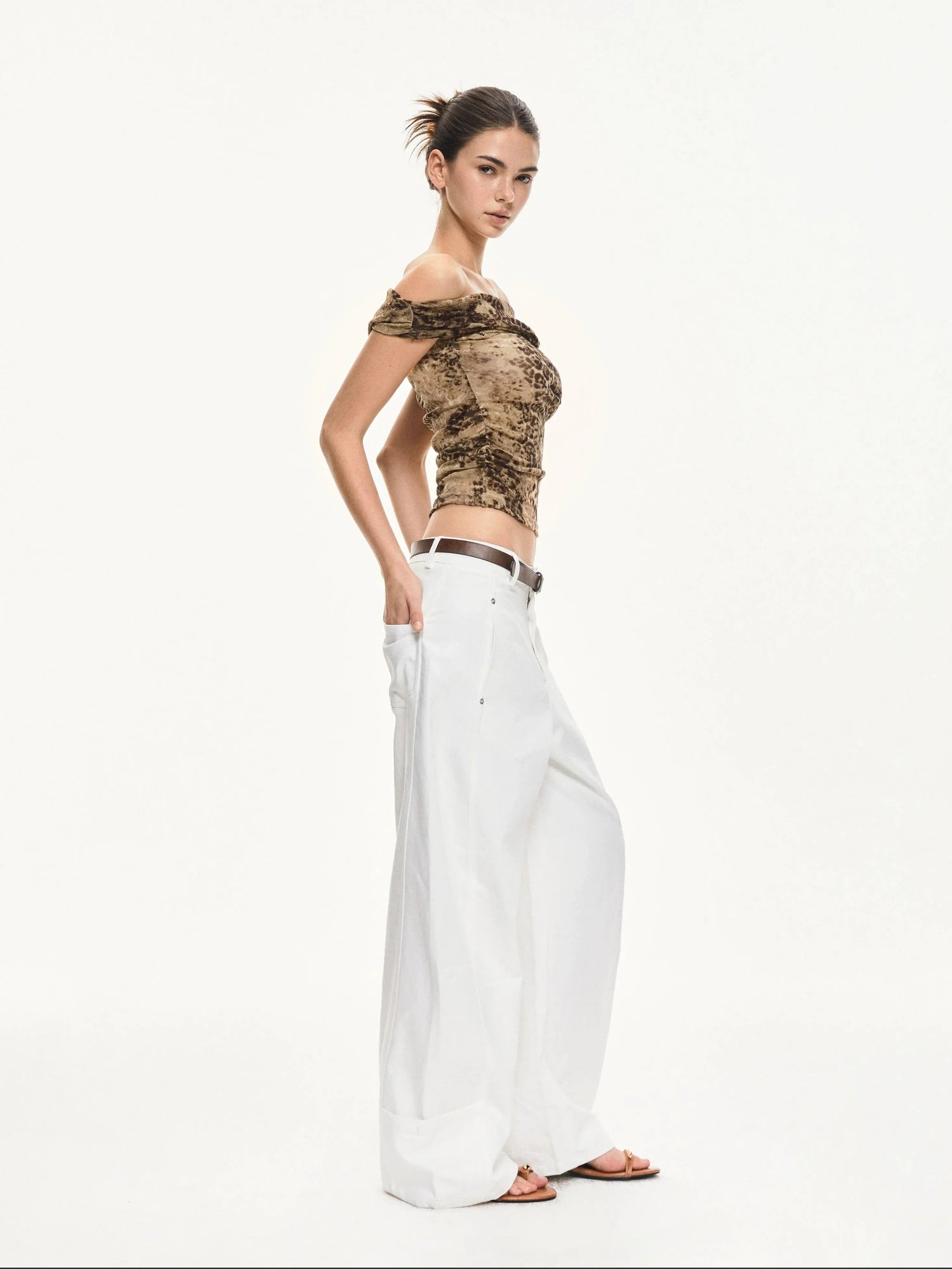 KVKV Yoga Clothing Brand - Leopard Print Off Shoulder Ruffle Top