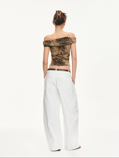 KVKV Yoga Clothing Brand - Leopard Print Off Shoulder Ruffle Top