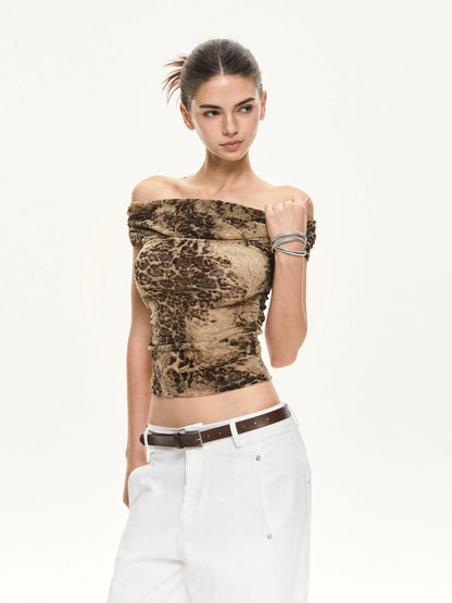 KVKV Yoga Clothing Brand - Leopard Print Off Shoulder Ruffle Top
