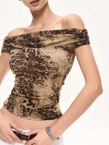 KVKV Yoga Clothing Brand - Leopard Print Off Shoulder Ruffle Top