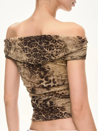 KVKV Yoga Clothing Brand - Leopard Print Off Shoulder Ruffle Top