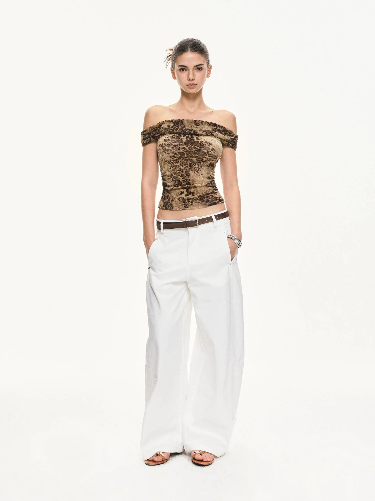 KVKV Yoga Clothing Brand - Leopard Print Off Shoulder Ruffle Top