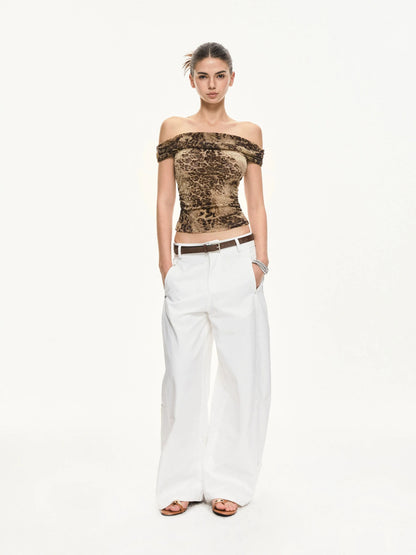 KVKV Yoga Clothing Brand - Leopard Print Off Shoulder Ruffle Top