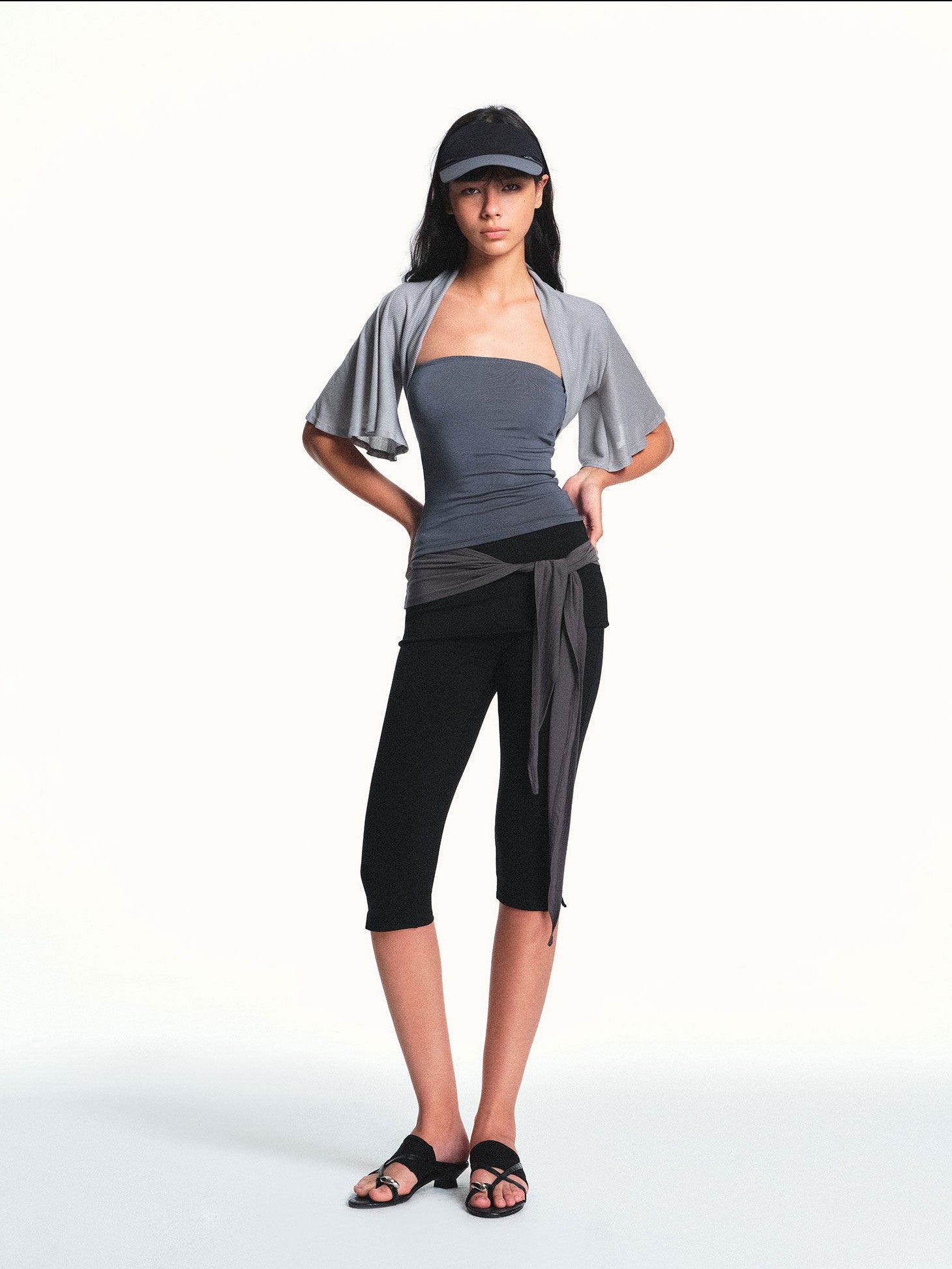 kvkv Light Blue Gray Cropped Cap Sleeve Side Coverage Yoga Women&