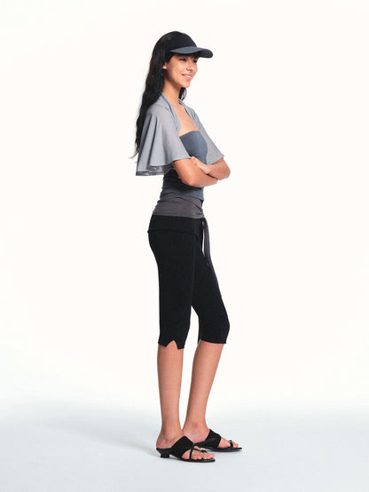 kvkv Light Blue Gray Cropped Cap Sleeve Side Coverage Yoga Women&