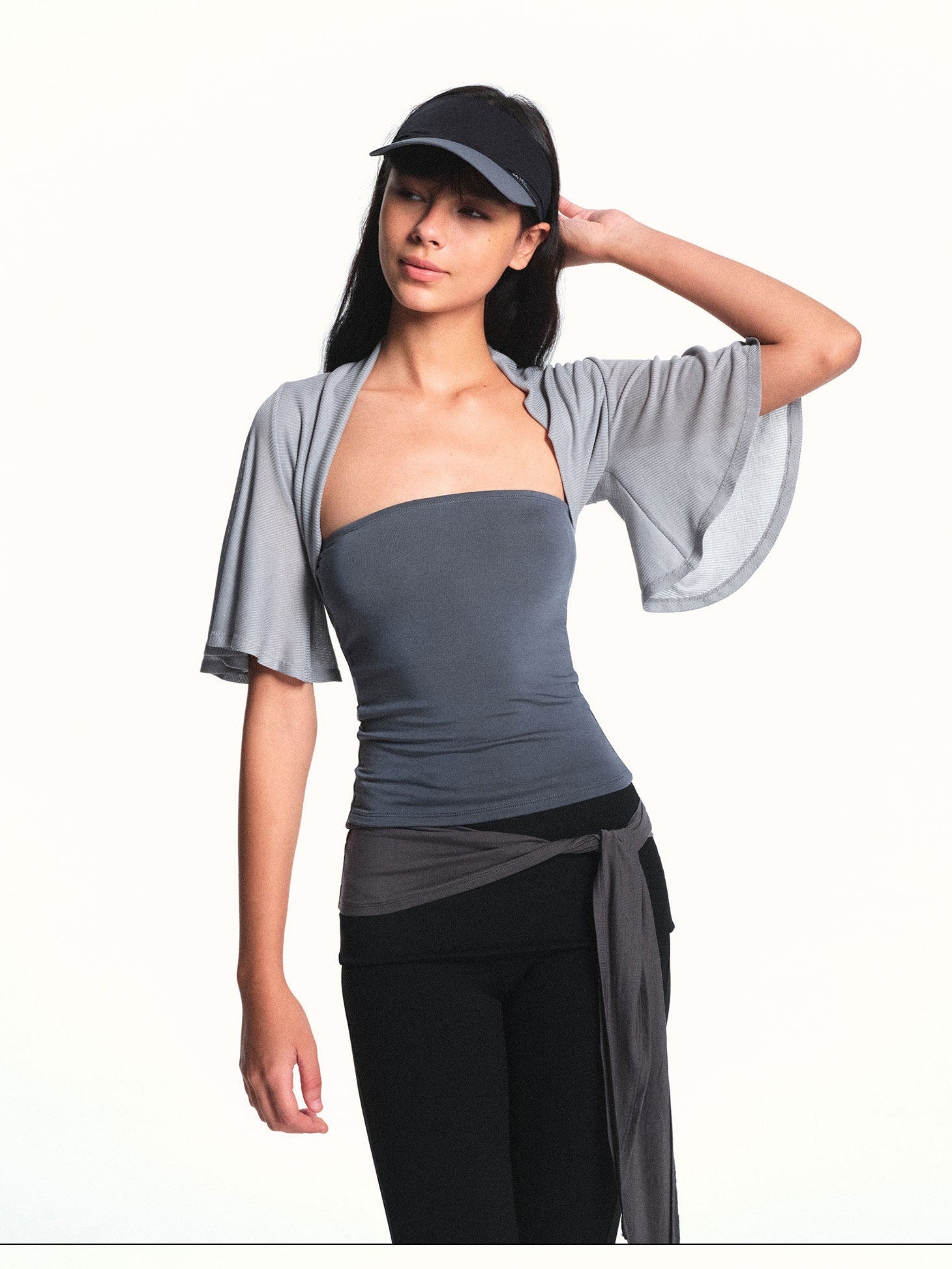 kvkv Light Blue Gray Cropped Cap Sleeve Side Coverage Yoga Women&