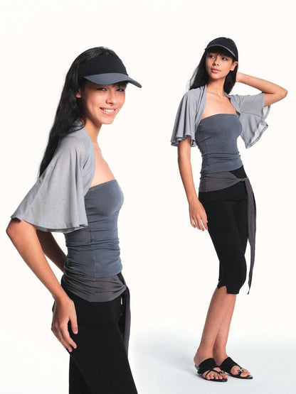 kvkv Light Blue Gray Cropped Cap Sleeve Side Coverage Yoga Women&