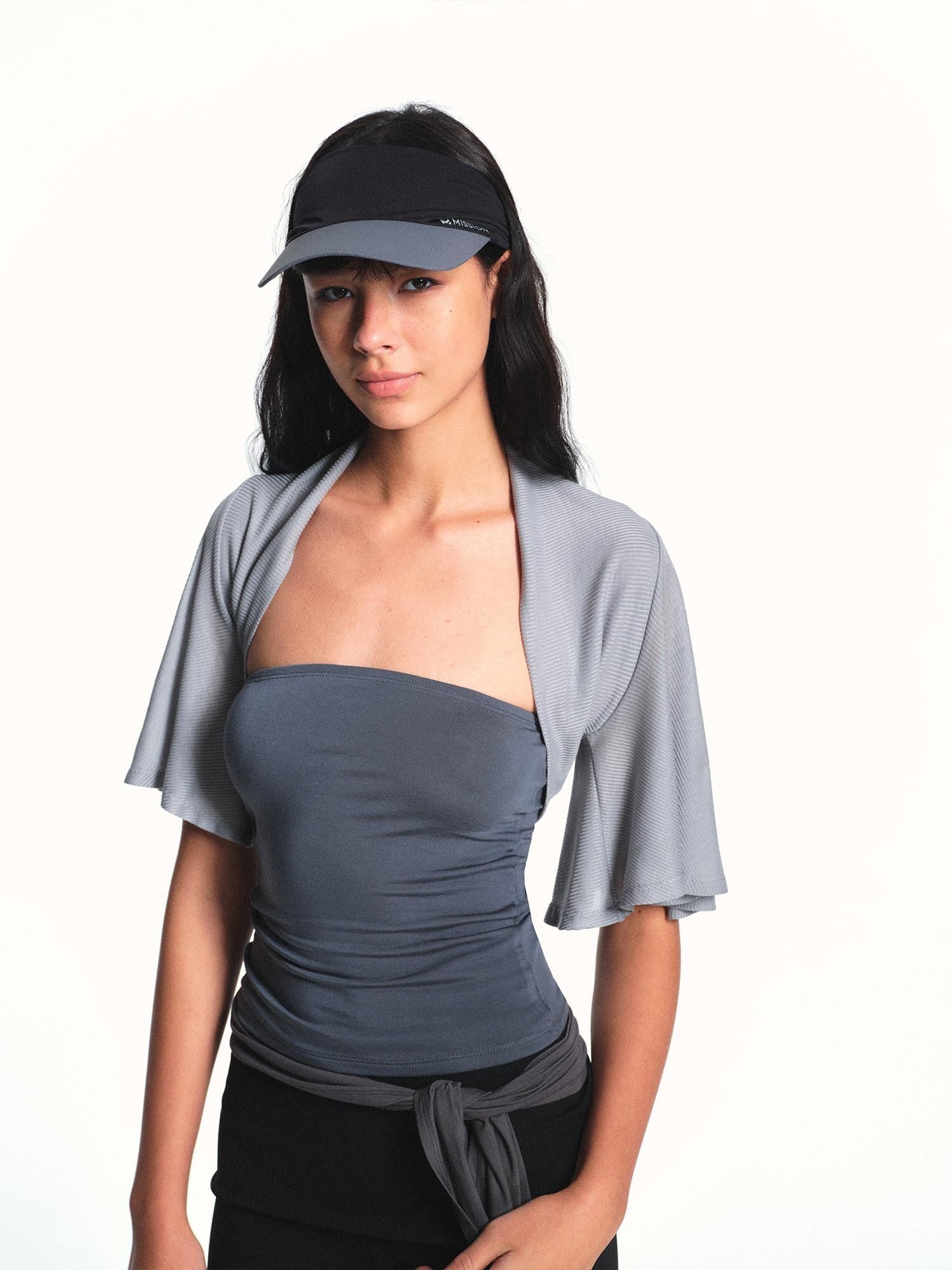 kvkv Light Blue Gray Cropped Cap Sleeve Side Coverage Yoga Women&