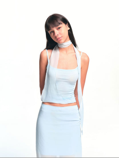 kvkv Light Blue Hem Splice Scarf Tie Waist Women&