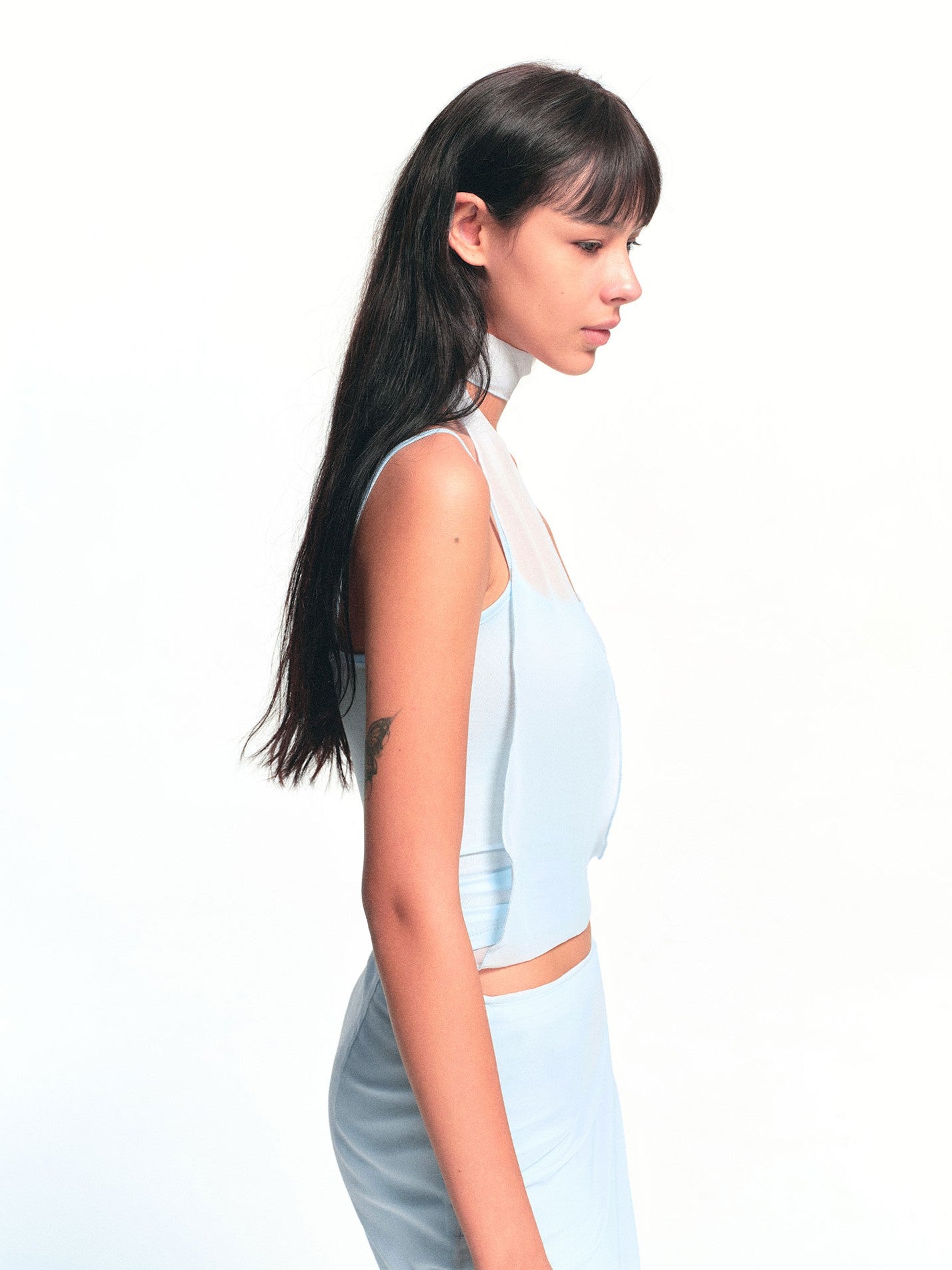 kvkv Light Blue Hem Splice Scarf Tie Waist Women&