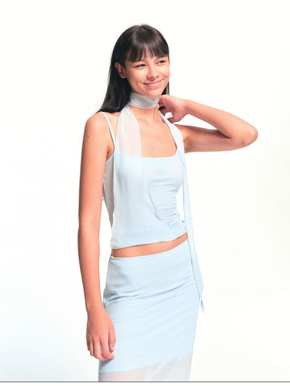 kvkv Light Blue Hem Splice Scarf Tie Waist Women&