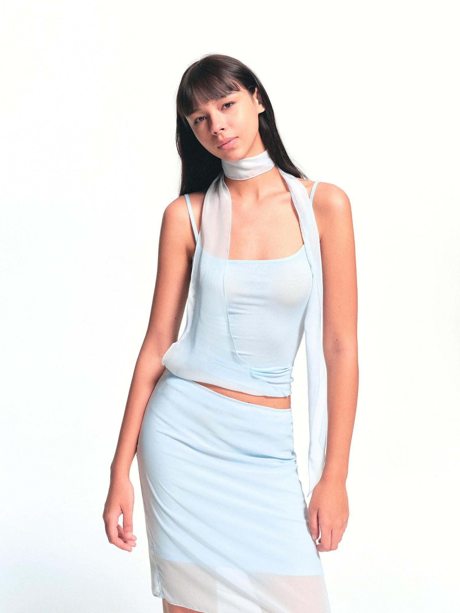 kvkv Light Blue Hem Splice Scarf Tie Waist Women&