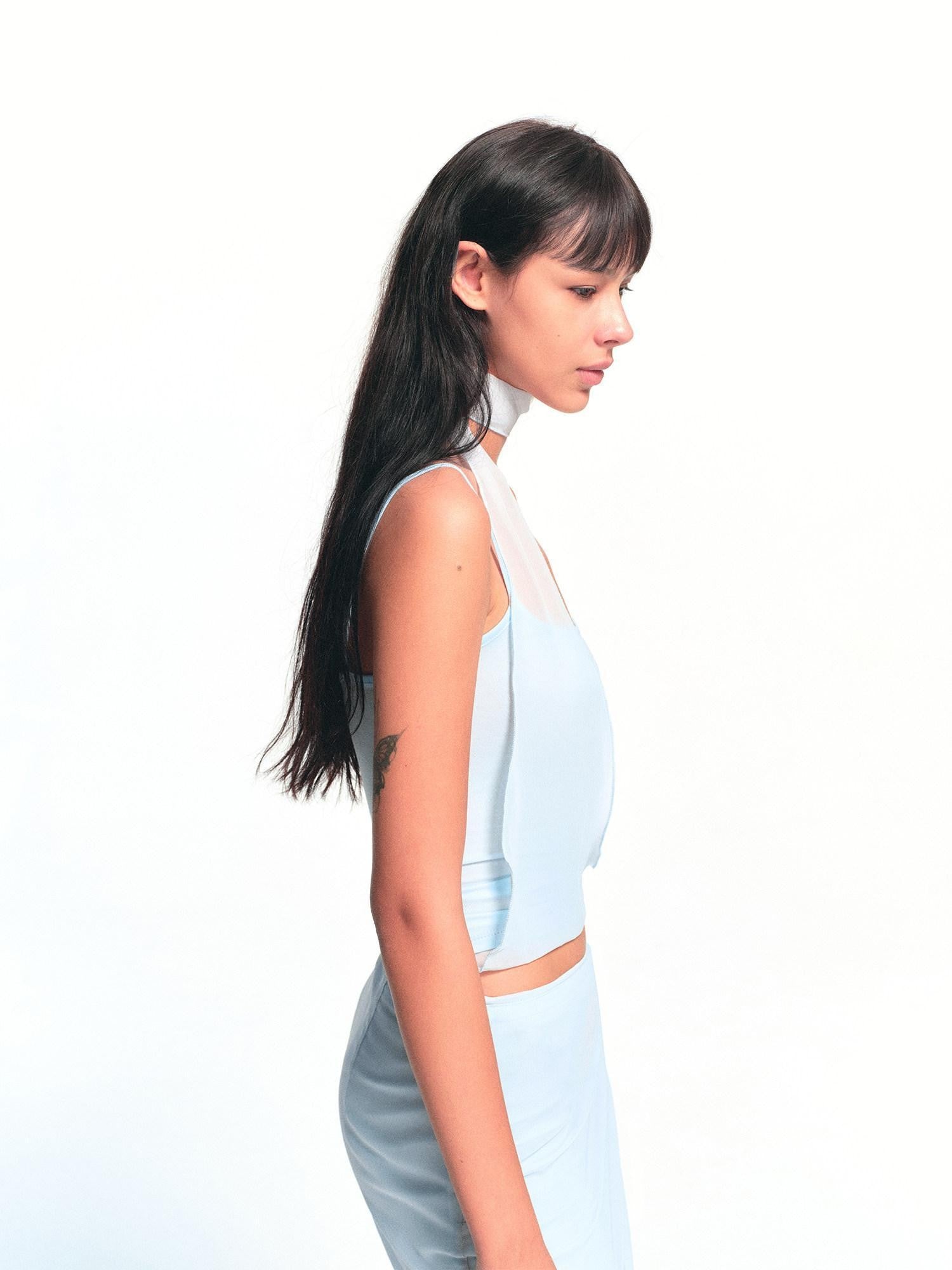 kvkv Light Blue Hem Splice Scarf Tie Waist Women&