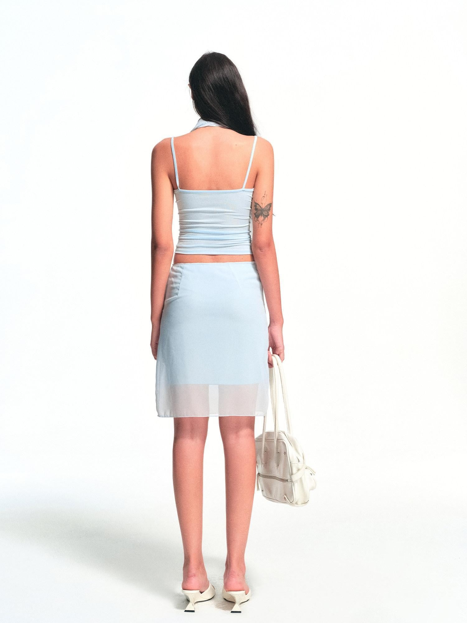 kvkv Light Blue Hem Splice Scarf Tie Waist Women&