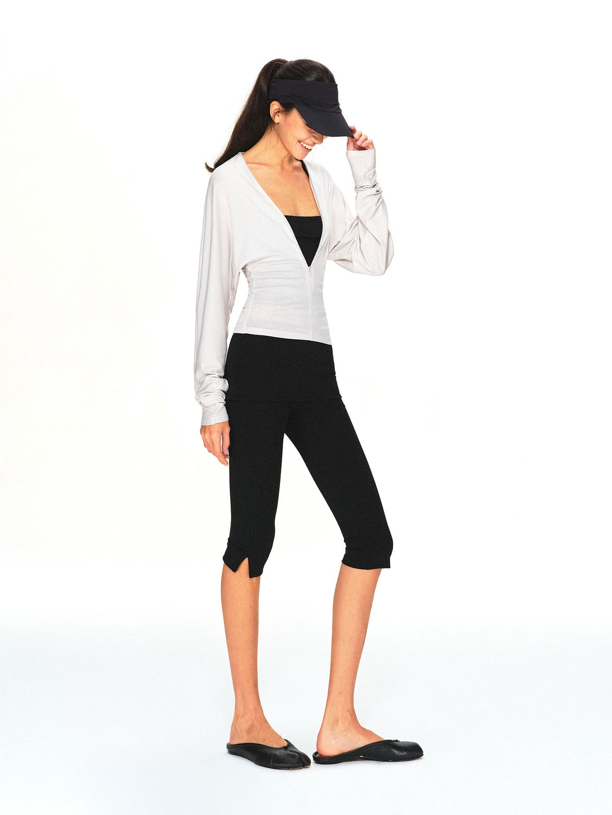 kvkv Light Gray Adjustable V-neck Zip Waist Cinched Batwing Women&