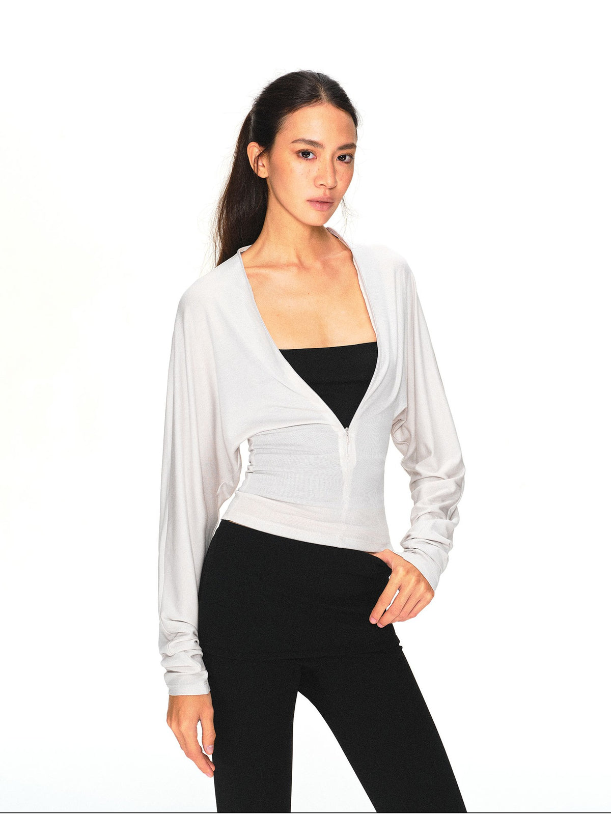 kvkv Light Gray Adjustable V-neck Zip Waist Cinched Batwing Women&