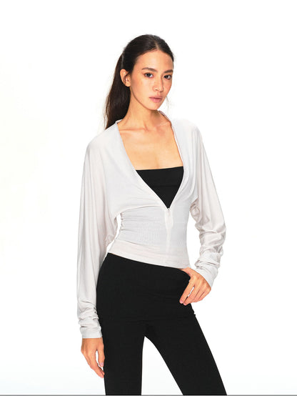 kvkv Light Gray Adjustable V-neck Zip Waist Cinched Batwing Women&