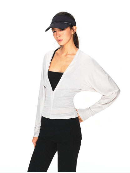 kvkv Light Gray Adjustable V-neck Zip Waist Cinched Batwing Women&