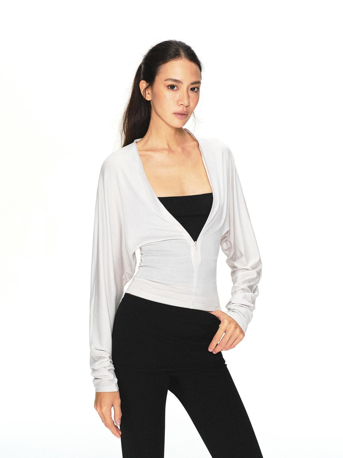 kvkv Light Gray Adjustable V-neck Zip Waist Cinched Batwing Women&