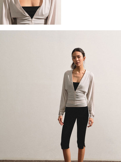 kvkv Light Gray Adjustable V-neck Zip Waist Cinched Batwing Women&