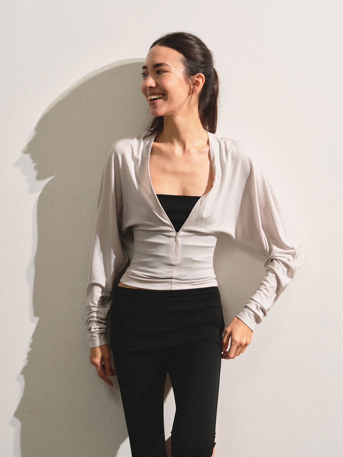kvkv Light Gray Adjustable V-neck Zip Waist Cinched Batwing Women&