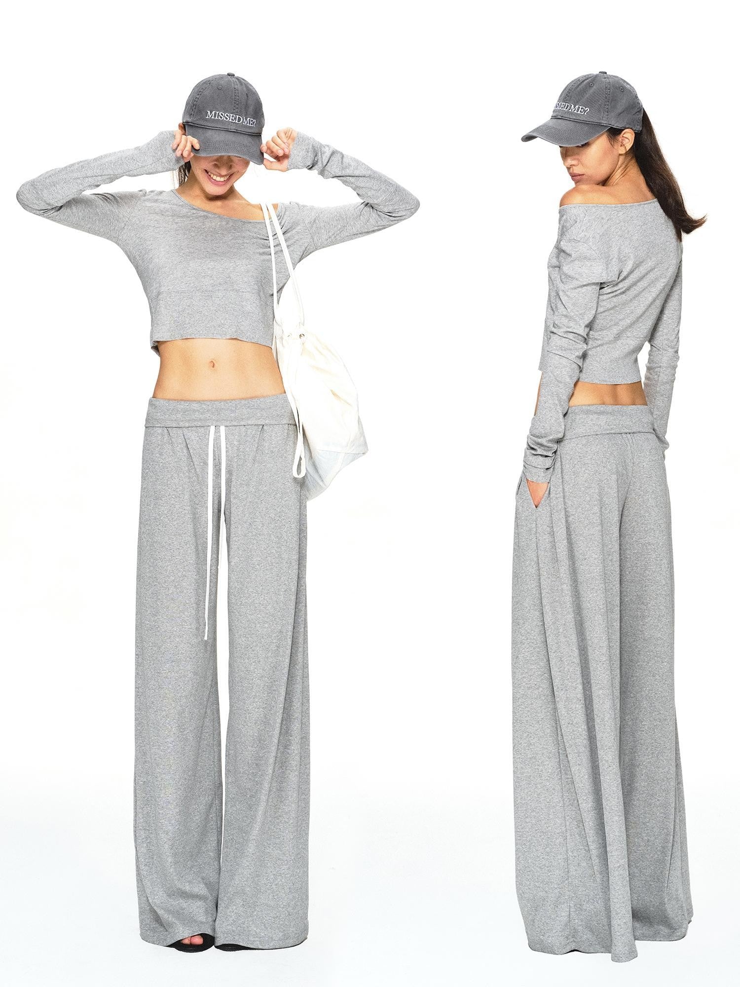 kvkv Light Gray Drawstring Wide Waist Straight Leg Women&