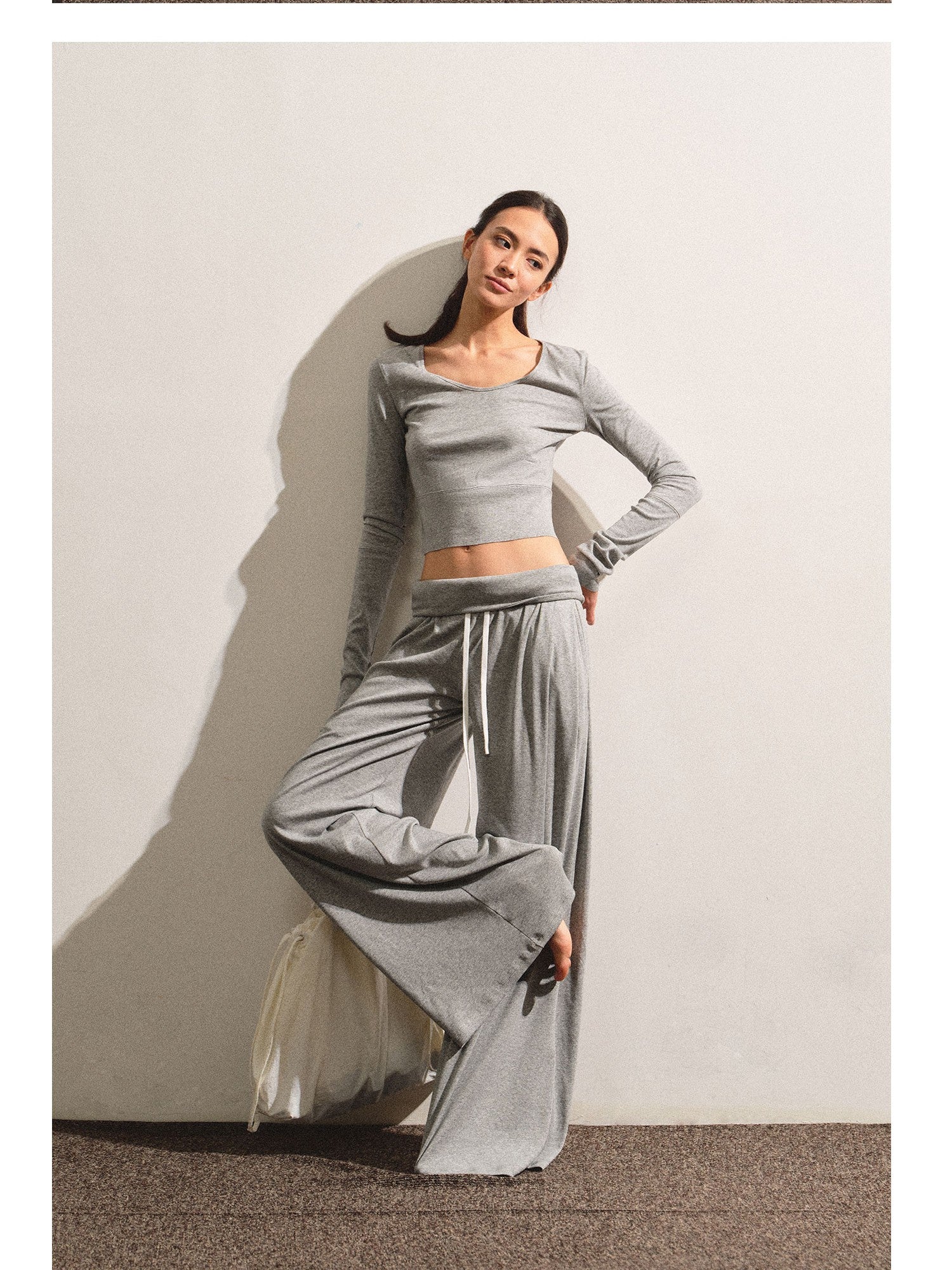 kvkv Light Gray Drawstring Wide Waist Straight Leg Women&