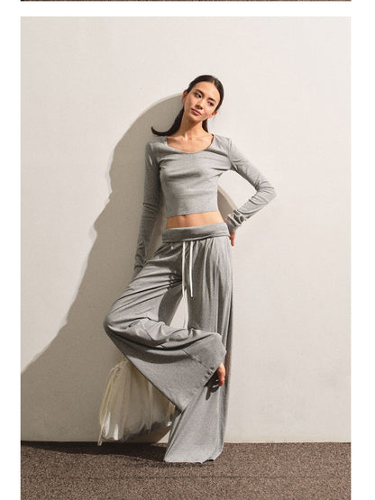 kvkv Light Gray Drawstring Wide Waist Straight Leg Women&